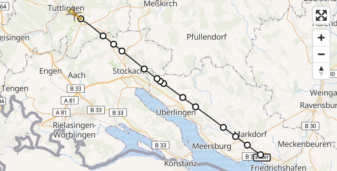 Flugroute Rettungshubschrauber Friedrichshafen Hospital - Tuttlingen, 21 April 2026, 11:41