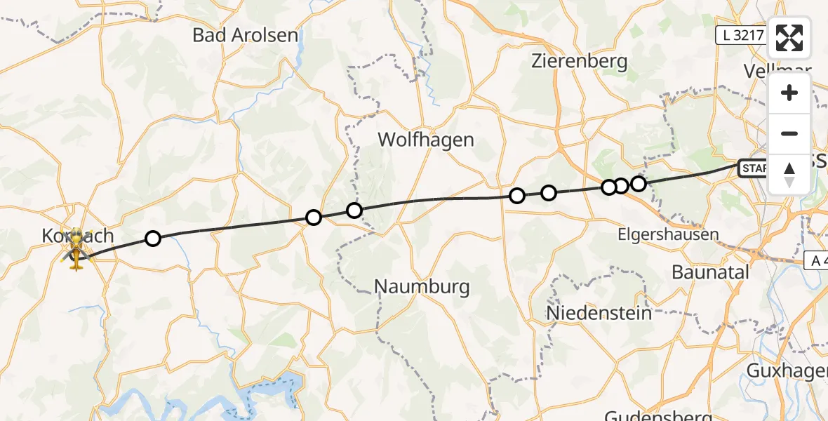 Flugroute Rettungshubschrauber Kassel - Korbach, 21 April 2026, 11:44
