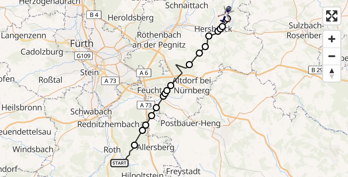 Flugroute Polizeihubschrauber Roth - Vorra, 21 April 2026, 11:44