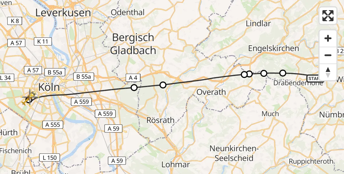Flugroute Ambulanzhubschrauber Wiehl - Köln University Hospital, 21 April 2026, 11:45