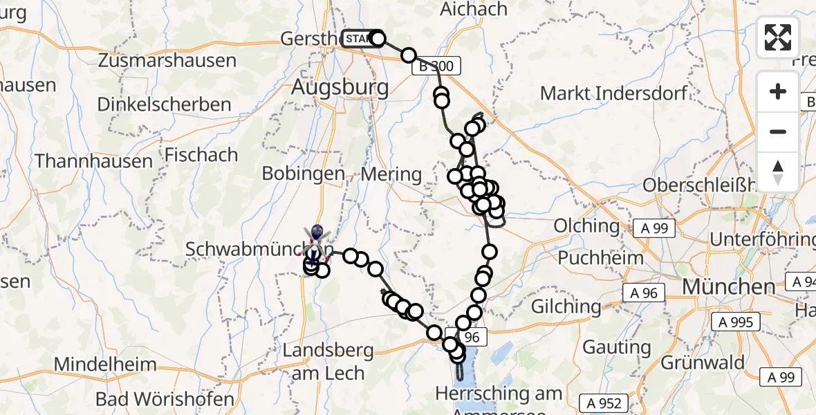 Flugroute Polizeihubschrauber Augsburg Flughafen - Lechfeld Militärflugplatz, 21 April 2026, 11:46