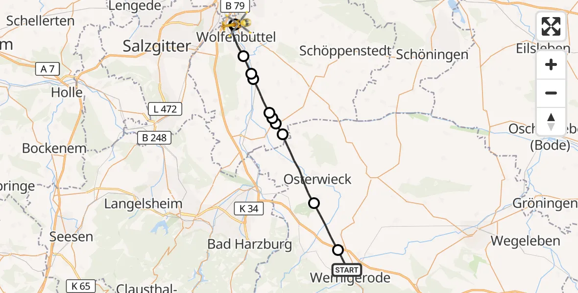 Flugroute Rettungshubschrauber Wernigerode - Wolfenbüttel Municipal Hospital Heliport (Christoph 30), 21 April 2026, 11:47