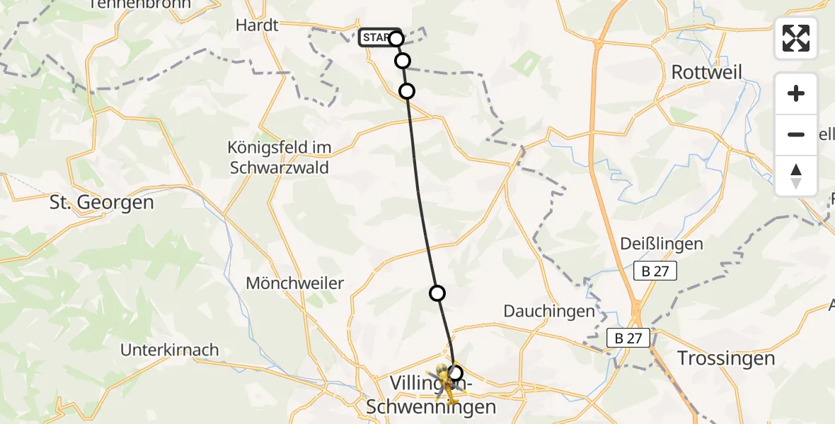 Flugroute Rettungshubschrauber Eschbronn - DRF Air Rescue Station Villingen-Schwenningen Hubschrauberlandeplatz (Christoph 11), 21 April 2026, 11:50