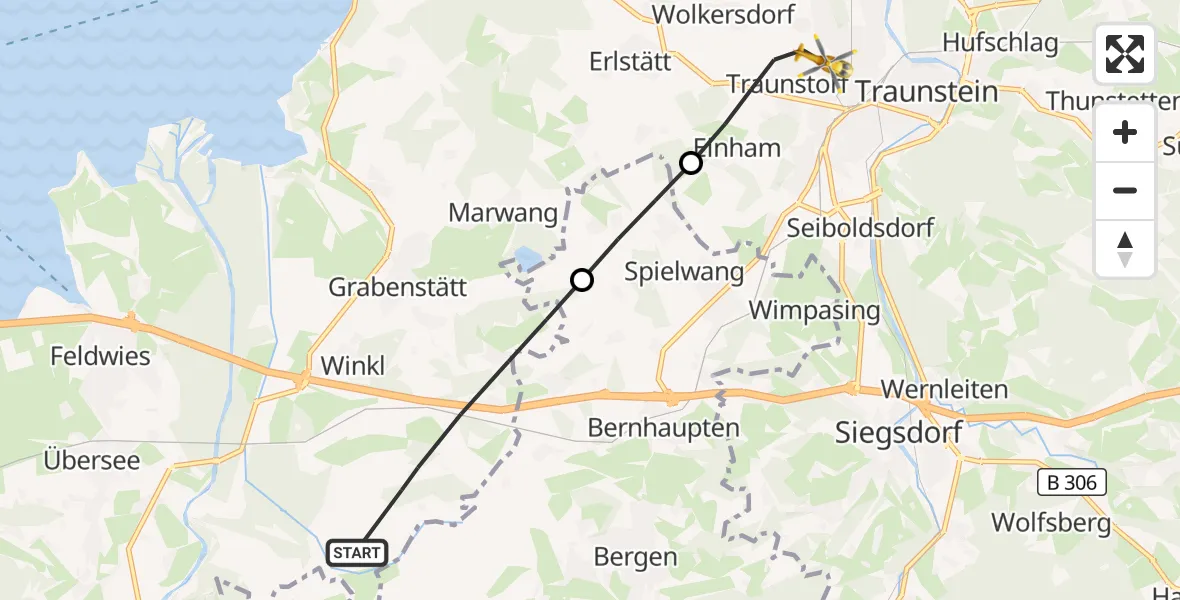 Flugroute Rettungshubschrauber Grabenstätt - Traunstein Krankenhaus Hubschrauberlandeplatz, 21 April 2026, 11:51