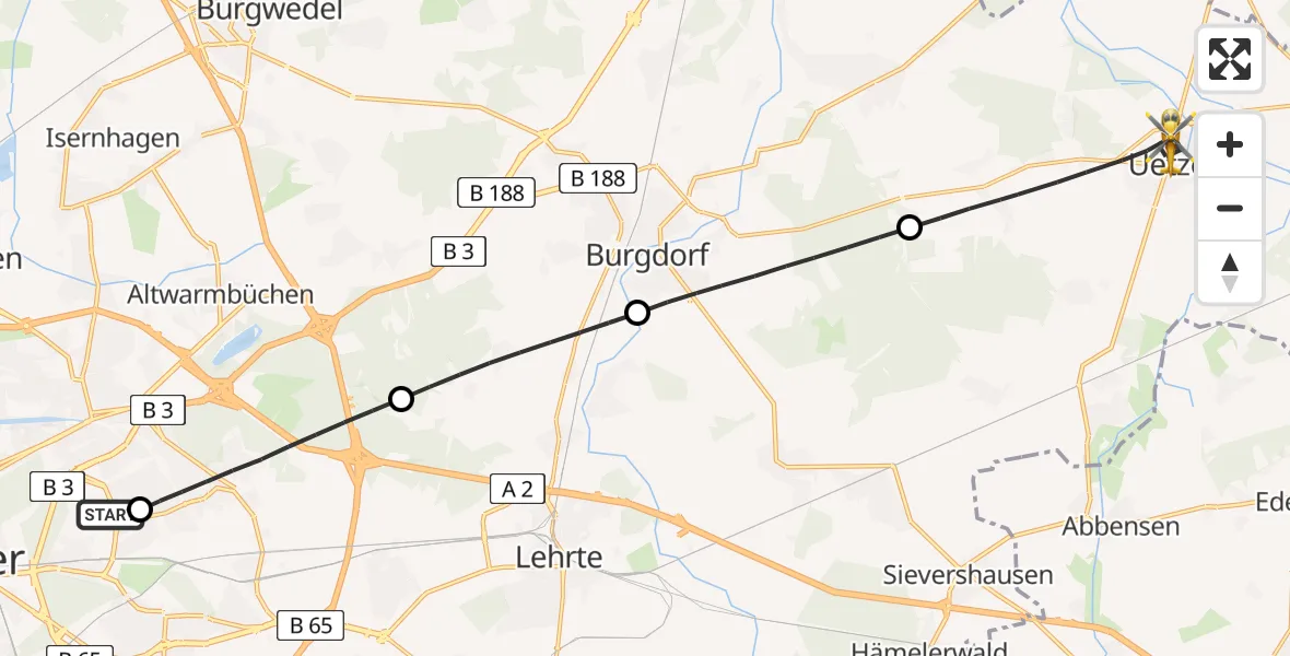 Flugroute Rettungshubschrauber Hannover Luftrettung Hubschrauberlandeplatz (Christoph 4) - Uetze, 21 April 2026, 11:52