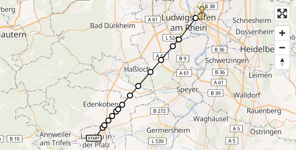 Flugroute Rettungshubschrauber Landau in der Pfalz - Mannheim, 21 April 2026, 12:01