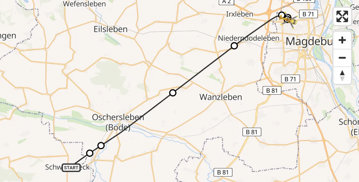 Flugroute Rettungshubschrauber Schwanebeck - Magdeburg Hospital, 21 April 2026, 12:09