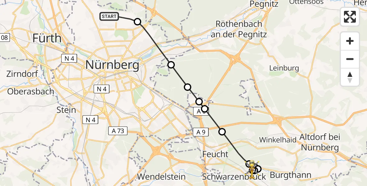 Flugroute Ambulanzhubschrauber Flughafen Nuremberg - Rummelsberg Hospital, 21 April 2026, 12:10