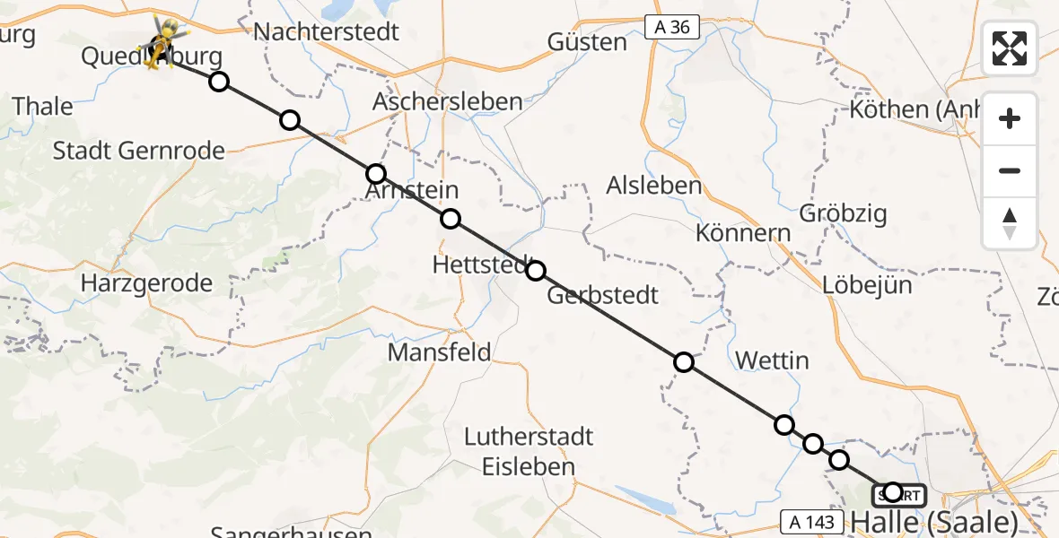 Flugroute Rettungshubschrauber Halle (Saale) University Hospital - Harz Hospital Quedlinburg, 21 April 2026, 12:10