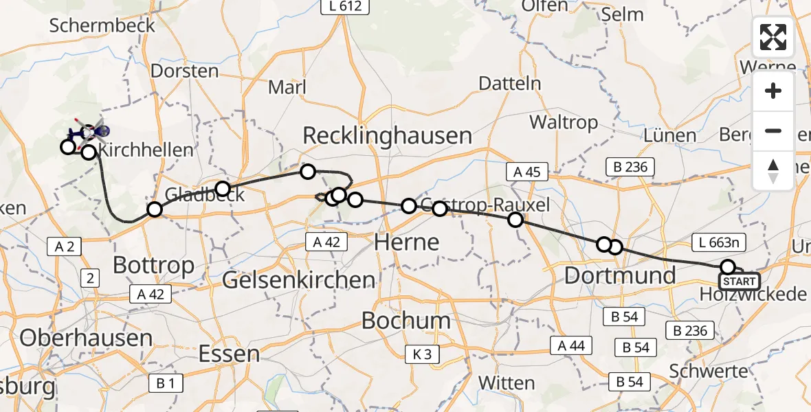 Flugroute Polizeihubschrauber Dortmund Flughafen - Dinslaken-Schwarze Heide Flugplatz, 21 April 2026, 12:11