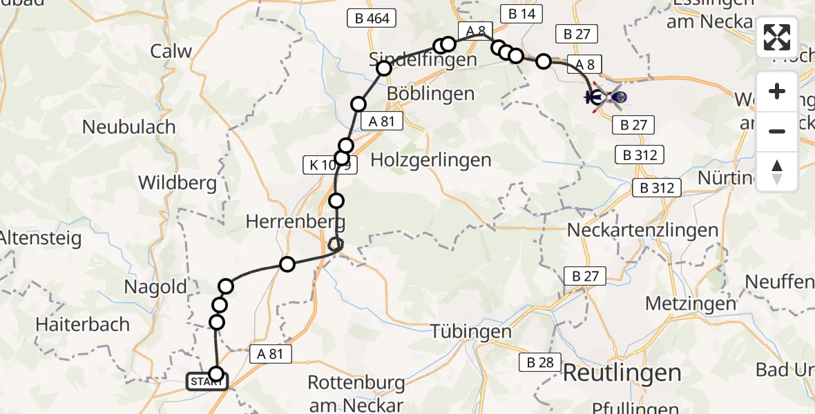 Flugroute Polizeihubschrauber Eutingen Flugplatz - Flughafen Stuttgart, 21 April 2026, 12:12