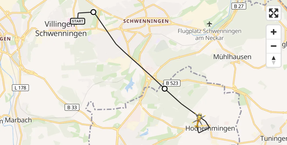 Flugroute Rettungshubschrauber DRF Air Rescue Station Villingen-Schwenningen Hubschrauberlandeplatz (Christoph 11) - Bad Dürrheim, 21 April 2026, 12:12