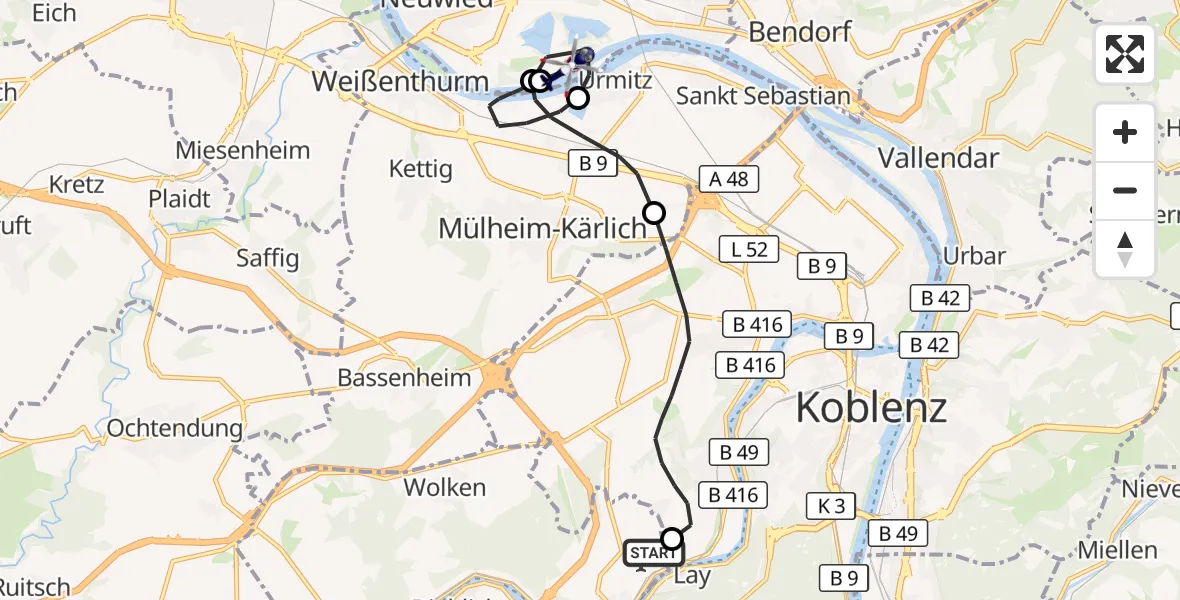 Flugroute Polizeihubschrauber Koblenz-Winningen Flugplatz - Neuwied, 21 April 2026, 12:18
