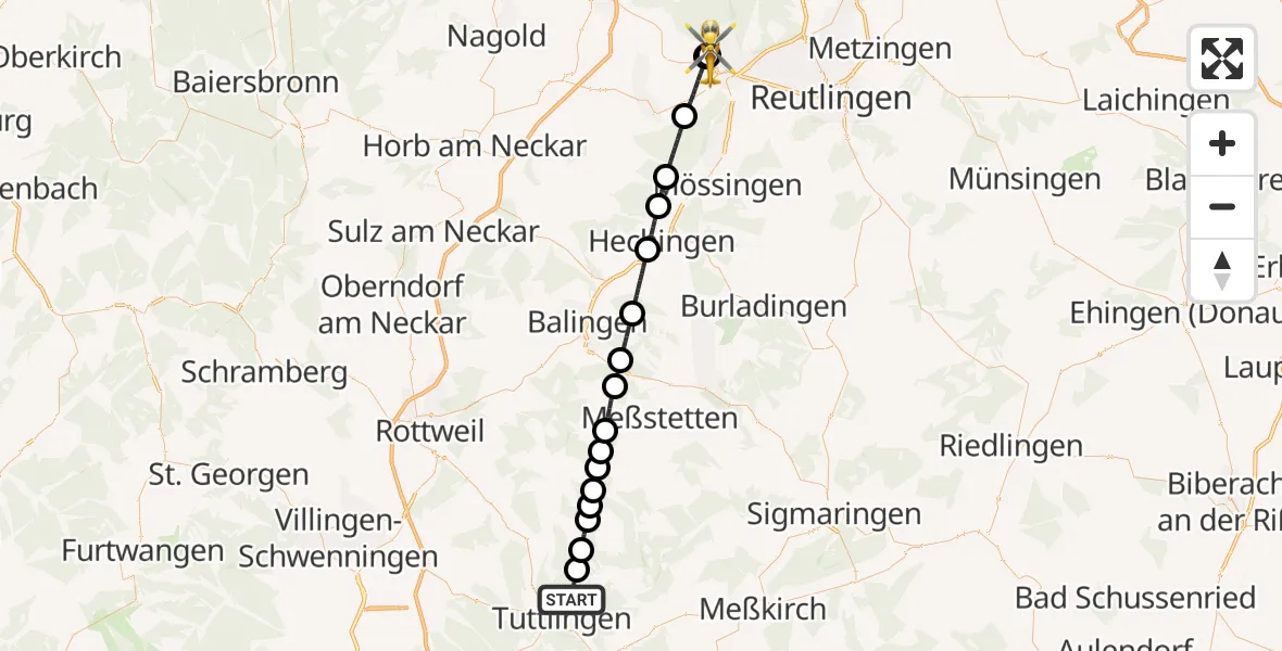 Flugroute Rettungshubschrauber Tuttlingen - Tübingen Trauma Hospital, 21 April 2026, 12:21