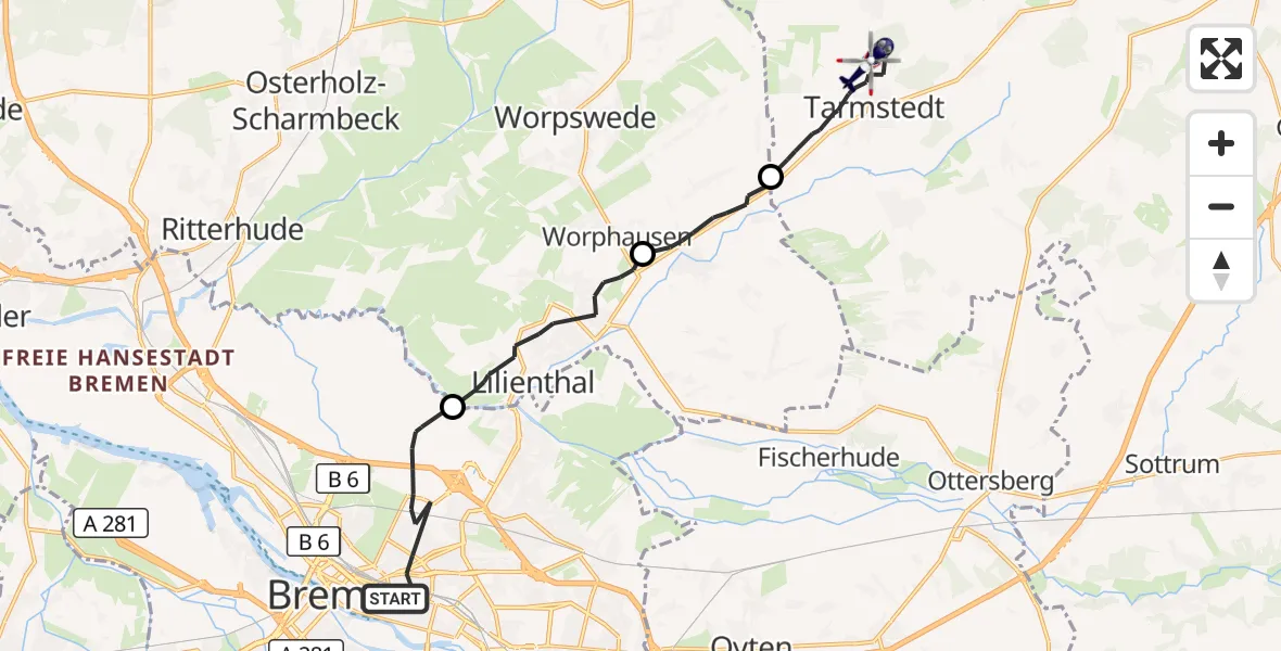 Flugroute Polizeihubschrauber Bremen - Tarmstedt, 21 April 2026, 12:29