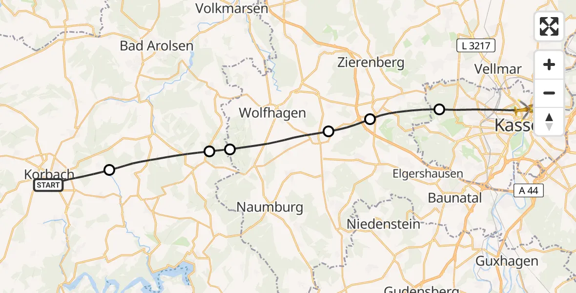 Flugroute Rettungshubschrauber Korbach - Kassel, 21 April 2026, 12:35