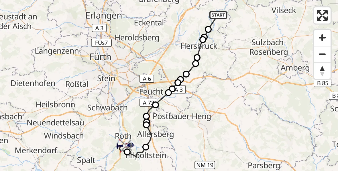 Flugroute Polizeihubschrauber Hartenstein - Flugplatz Roth, 21 April 2026, 12:44