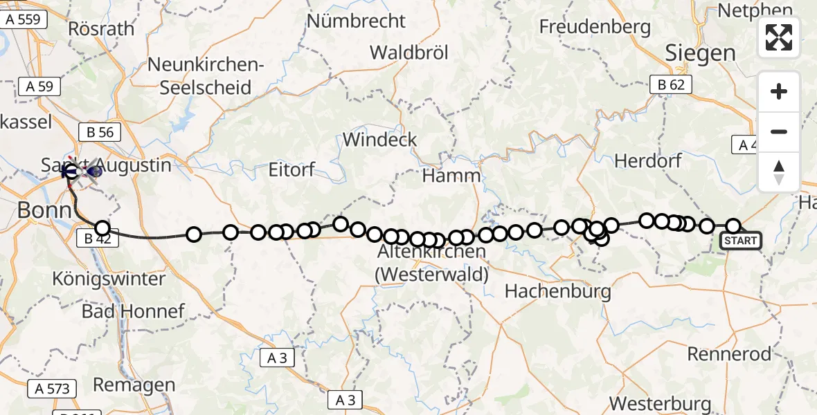 Flugroute Polizeihubschrauber Siegerland Flughafen - Sankt Augustin, 21 April 2026, 12:45