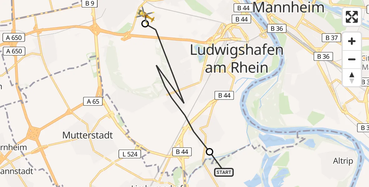 Flugroute Rettungshubschrauber Neuhofen - Ludwigshafen Accident Hospital, 21 April 2026, 12:47