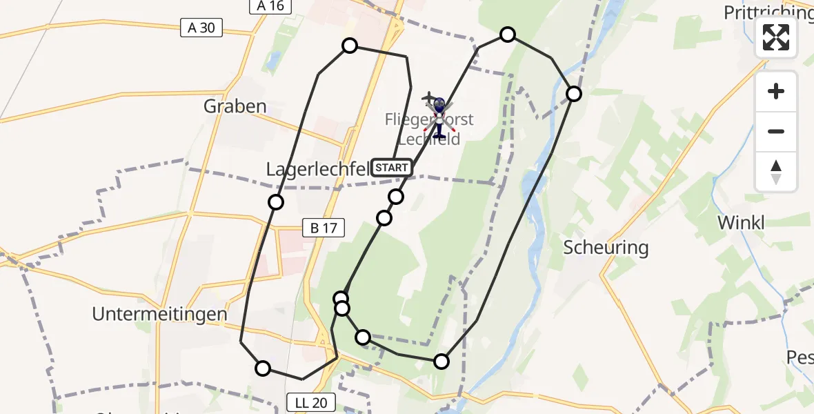 Flugroute Polizeihubschrauber Lechfeld Militärflugplatz - Lechfeld Militärflugplatz, 21 April 2026, 12:47