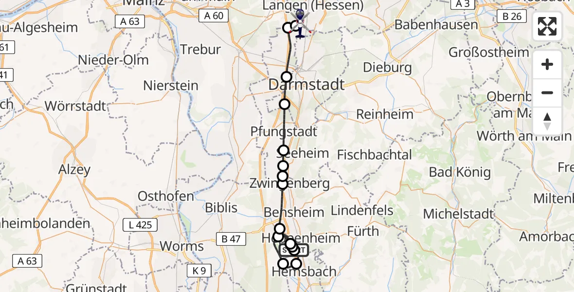 Flugroute Polizeihubschrauber Bergstraße District Hospital - Flughafen Frankfurt-Egelsbach, 21 April 2026, 12:55