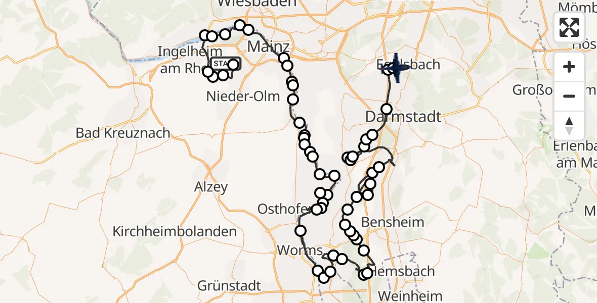 Flugroute Polizeiflugzeug Mainz-Finthen Flugplatz - Flughafen Frankfurt-Egelsbach, 21 April 2026, 13:00