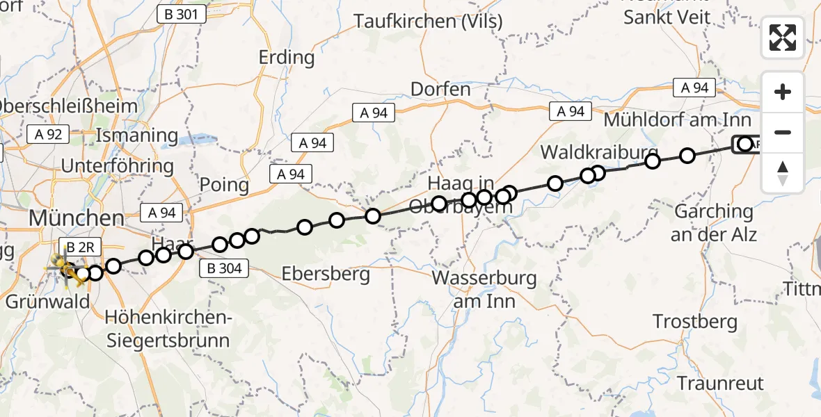 Flugroute Rettungshubschrauber Altötting Flugplatz - ADAC Air Rescue Center Hubschrauberlandeplatz (Christoph 1), 21 April 2026, 13:02