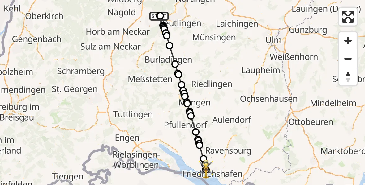 Flugroute Rettungshubschrauber Tübingen Trauma Hospital - Friedrichshafen Hospital, 21 April 2026, 13:06