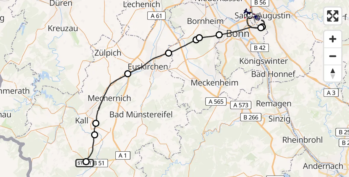 Flugroute Polizeihubschrauber Hellenthal - Sankt Augustin, 21 April 2026, 13:10