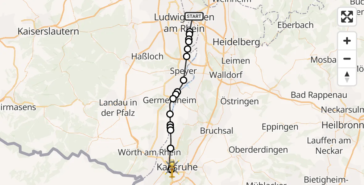 Flugroute Rettungshubschrauber Mannheim - Sankt Vincentius Hospital, 21 April 2026, 13:14