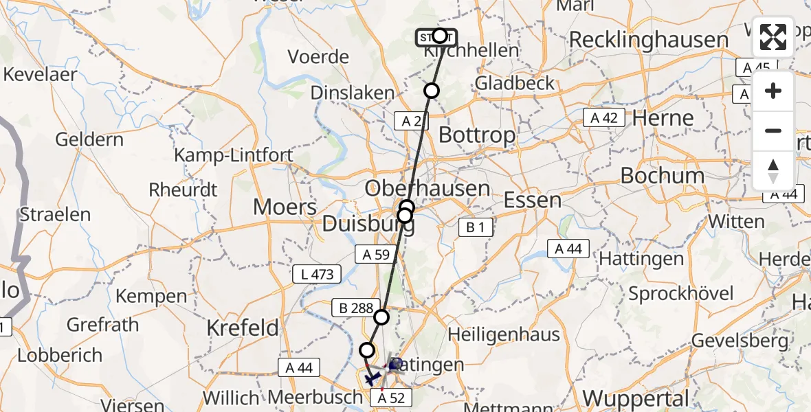 Flugroute Polizeihubschrauber Dinslaken-Schwarze Heide Flugplatz - Düsseldorf Flughafen, 21 April 2026, 13:15