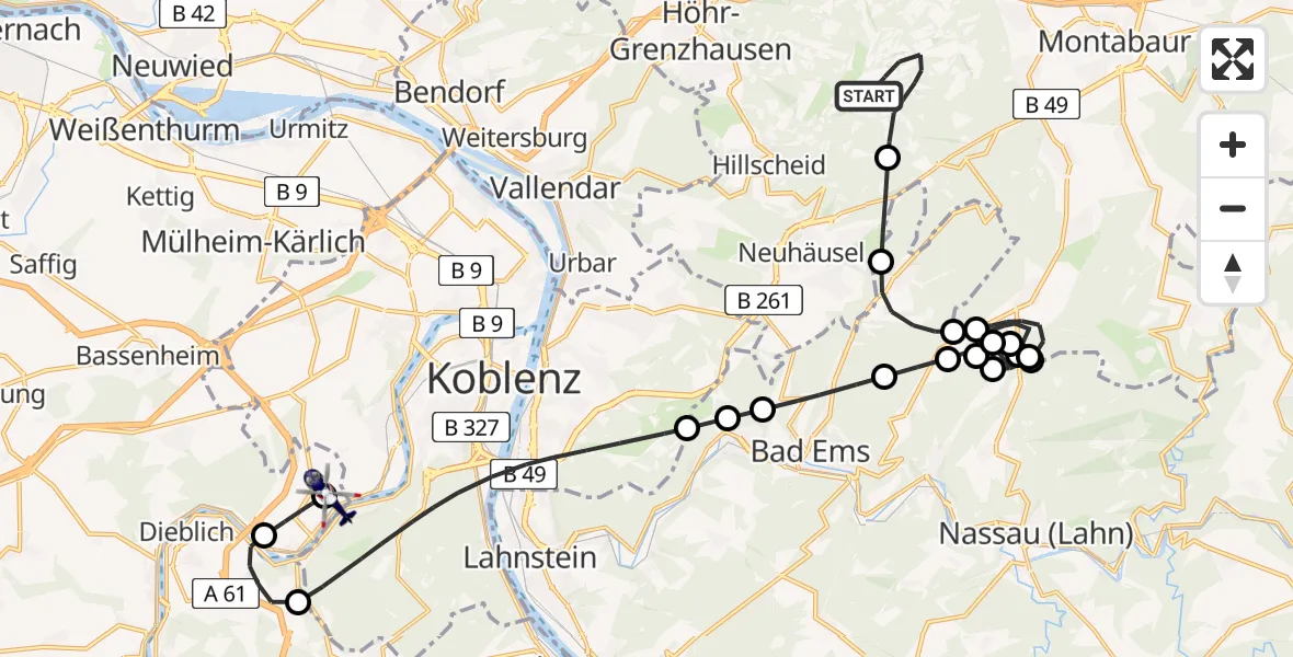 Flugroute Polizeihubschrauber Montabaur - Koblenz-Winningen Flugplatz, 21 April 2026, 13:21