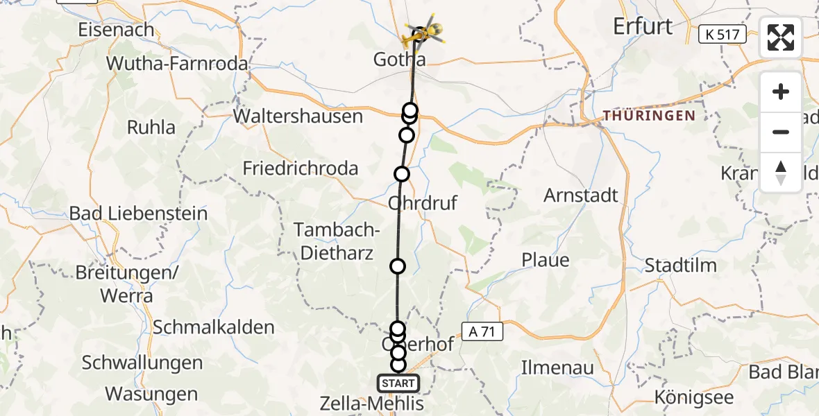Flugroute Rettungshubschrauber Zella-Mehlis - Flugplatz Gotha-Ost, 21 April 2026, 13:23