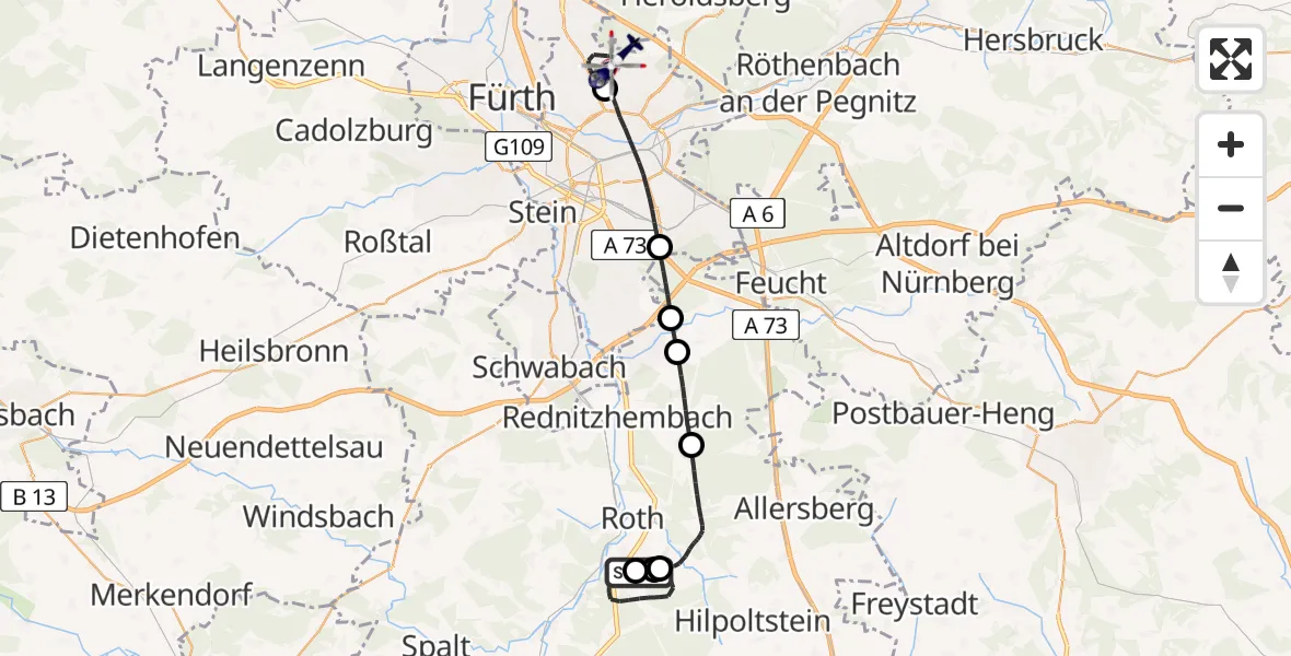 Flugroute Polizeihubschrauber Flugplatz Roth - Flughafen Nuremberg, 21 April 2026, 13:53
