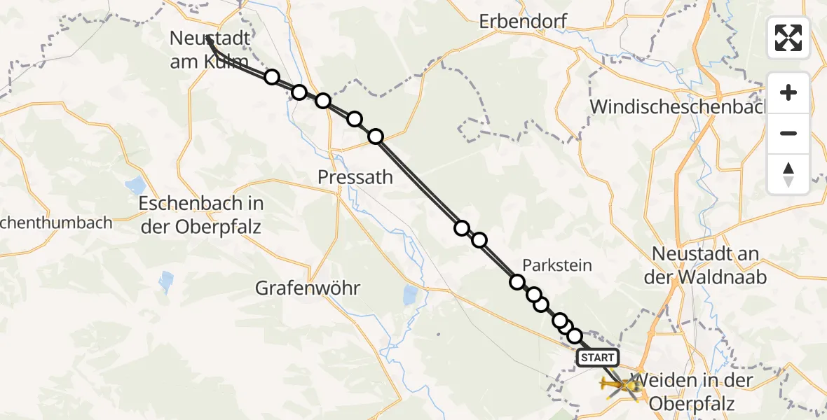 Flugroute Rettungshubschrauber Weiden i.d.OPf. - Weiden in der Oberpfalz Flugplatz, 21 April 2026, 13:58