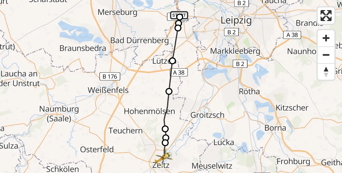 Flugroute Rettungshubschrauber ADAC Air Rescue Station Leipzig/Schkeuditz-Dölzig Hubschrauberlandeplatz (Christoph 61) - Zeitz, 21 April 2026, 13:59
