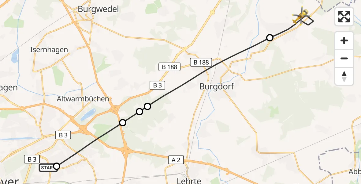 Flugroute Rettungshubschrauber Hannover Luftrettung Hubschrauberlandeplatz (Christoph 4) - Uetze, 21 April 2026, 14:04