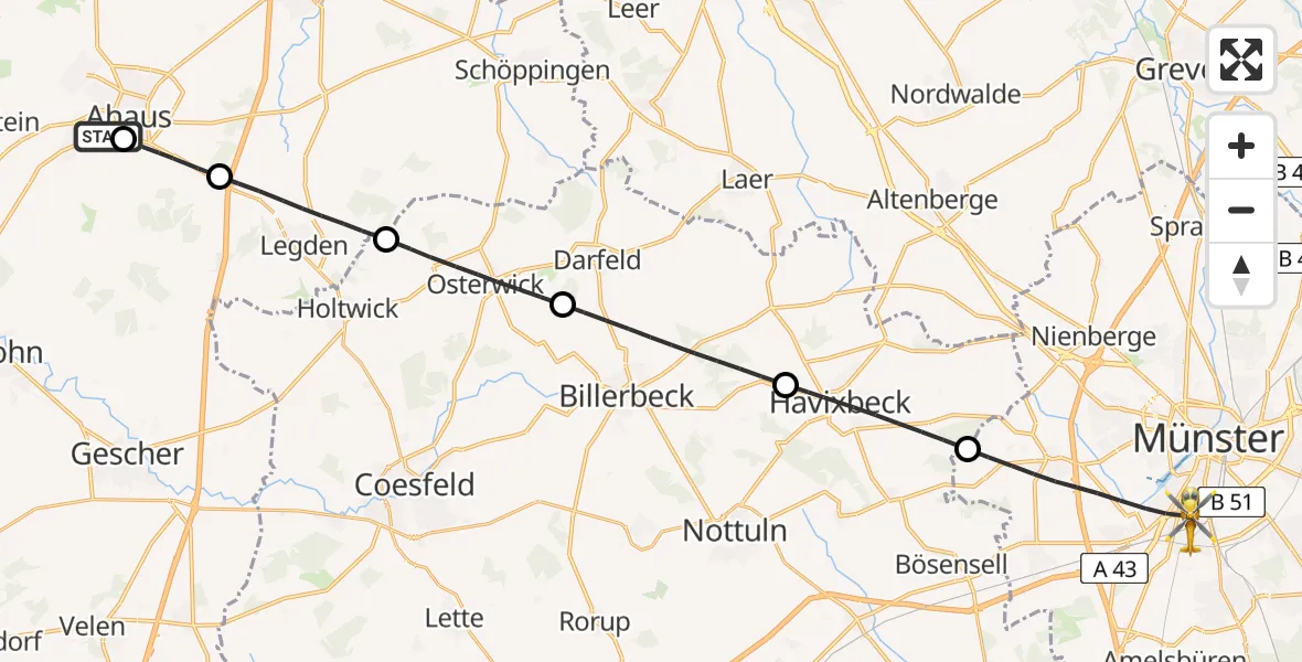 Flugroute Rettungshubschrauber Sankt Marien Hospital Ahaus - Münster, 21 April 2026, 14:05