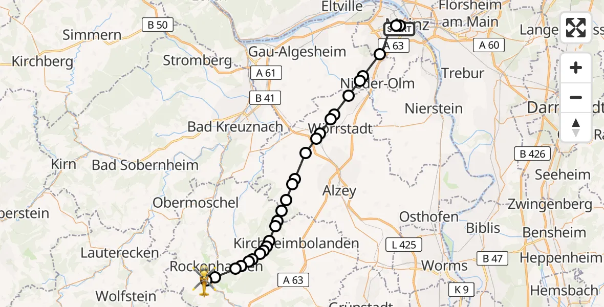 Flugroute Rettungshubschrauber Mainz University Hospital - Imsweiler UL, 21 April 2026, 14:07