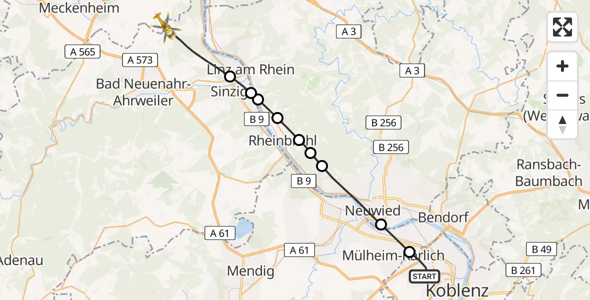 Flugroute Rettungshubschrauber Koblenz - Remagen, 21 April 2026, 14:08