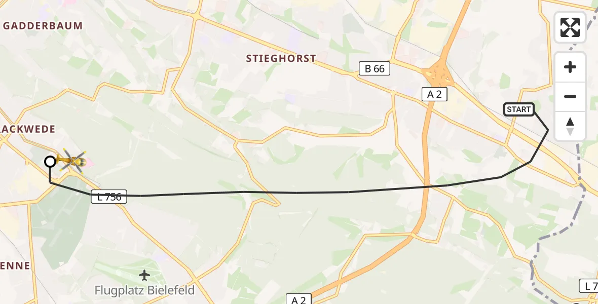 Flugroute Rettungshubschrauber Bielefeld - Luftrettungszentrum Bielefeld, 21 April 2026, 14:27