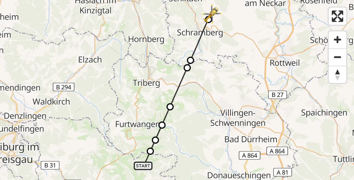 Flugroute Rettungshubschrauber Eisenbach (Hochschwarzwald) - Aichhalden, 21 April 2026, 14:29