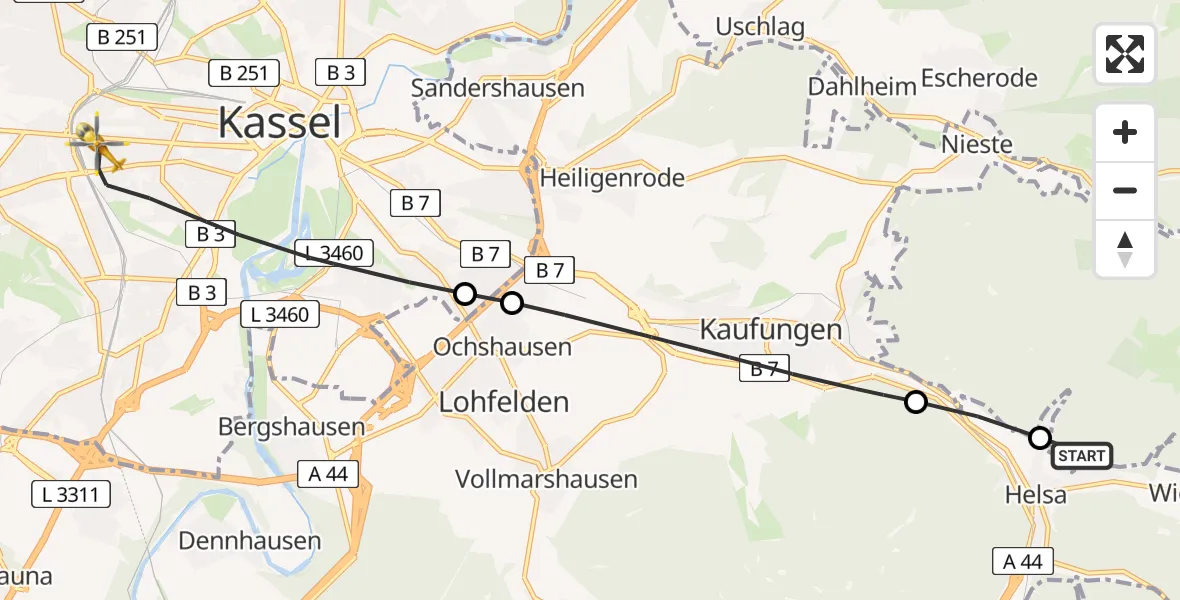 Flugroute Rettungshubschrauber Gutsbezirk Kaufunger Wald - Kassel, 21 April 2026, 14:32