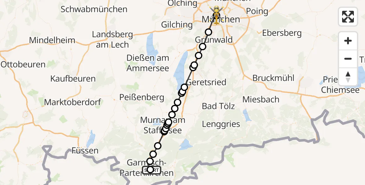 Flugroute Rettungshubschrauber Garmisch-Partenkirchen Clinic Hubschrauberlandeplatz - Deutsches Herzzentrum München, 21 April 2026, 14:34