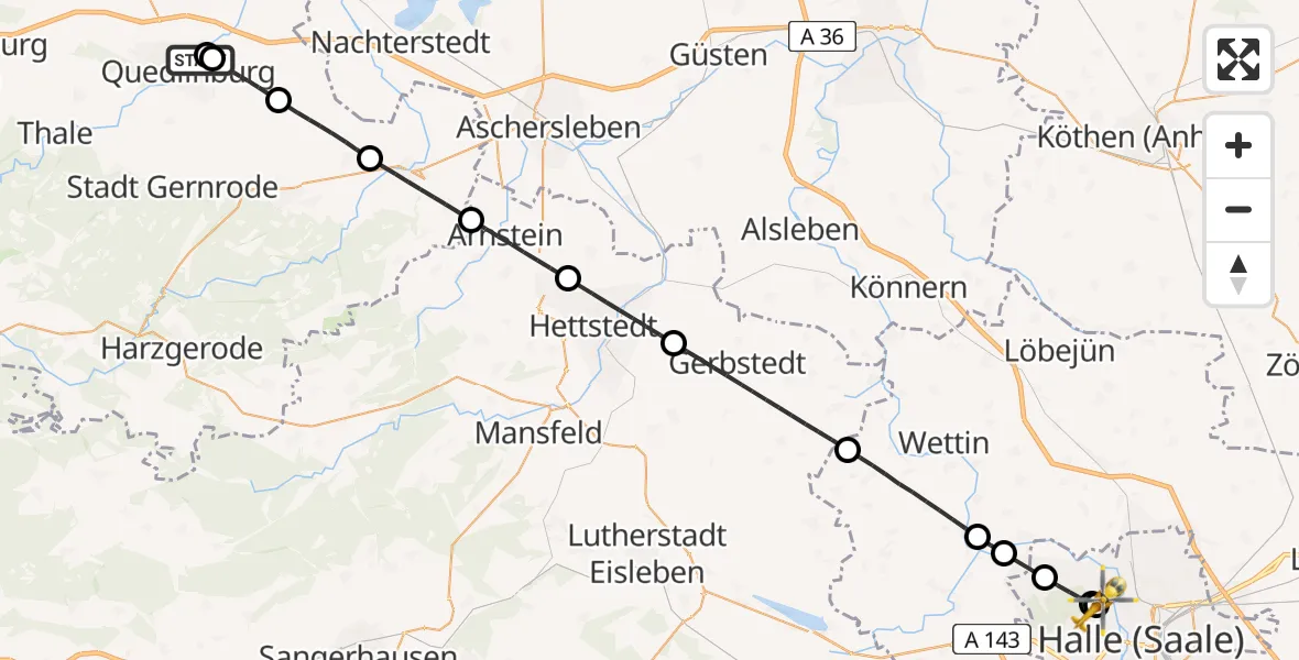 Flugroute Rettungshubschrauber Harz Hospital Quedlinburg - Halle (Saale) University Hospital, 21 April 2026, 14:39