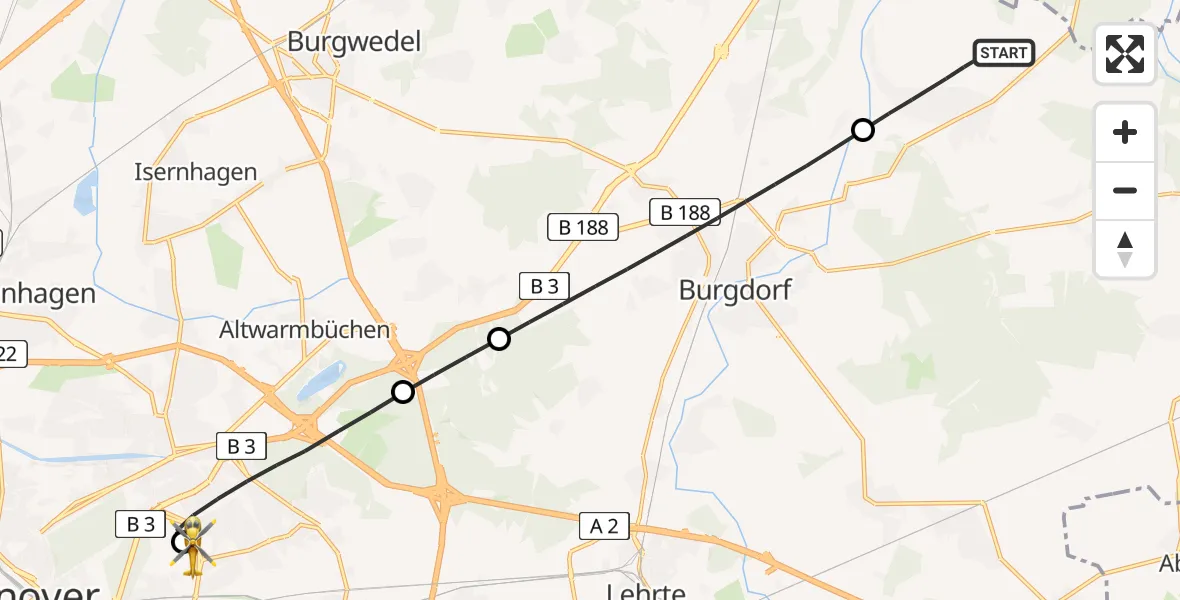 Flugroute Rettungshubschrauber Uetze - Hannover Luftrettung Hubschrauberlandeplatz (Christoph 4), 21 April 2026, 14:41