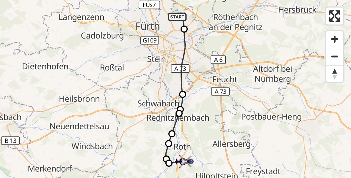 Flugroute Polizeihubschrauber Flughafen Nuremberg - Flugplatz Roth, 21 April 2026, 14:44