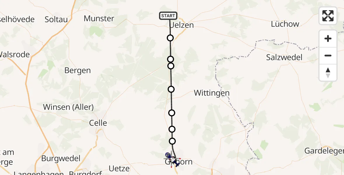 Flugroute Polizeihubschrauber Uelzen - Gifhorn Bundespolizei Hubschrauberlandeplatz, 21 April 2026, 14:45