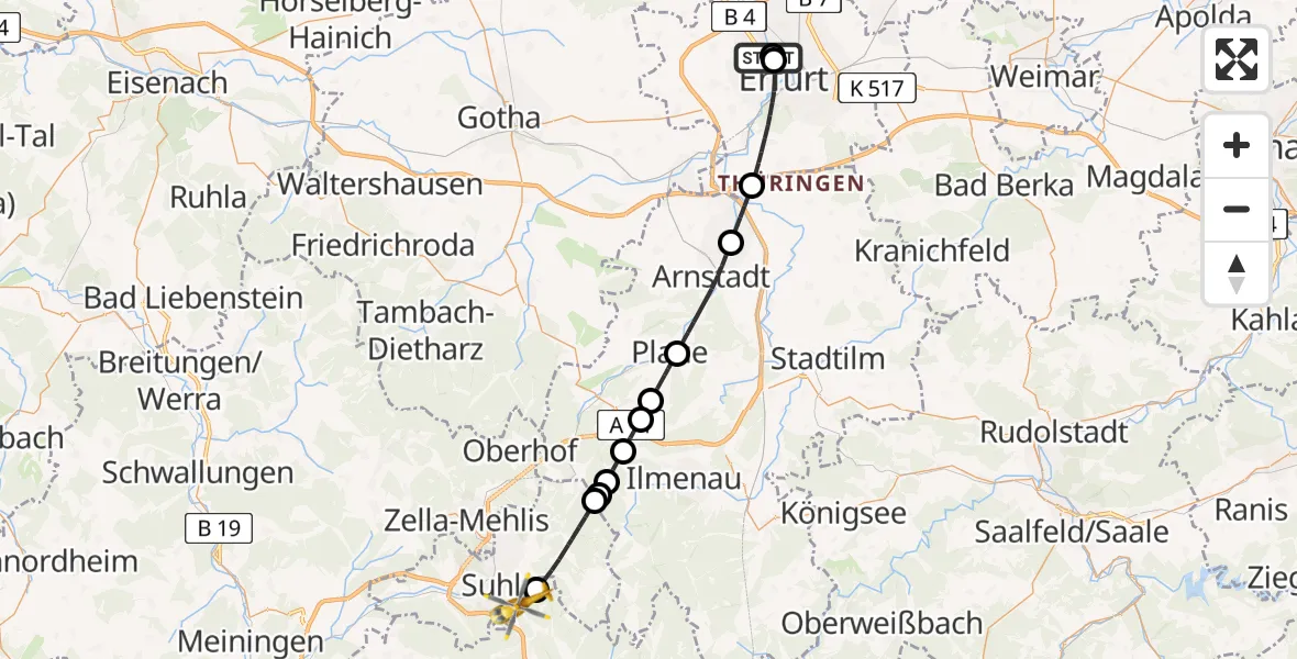 Flugroute Rettungshubschrauber Helios Clinic Erfurt - Schleusingen, 21 April 2026, 14:48