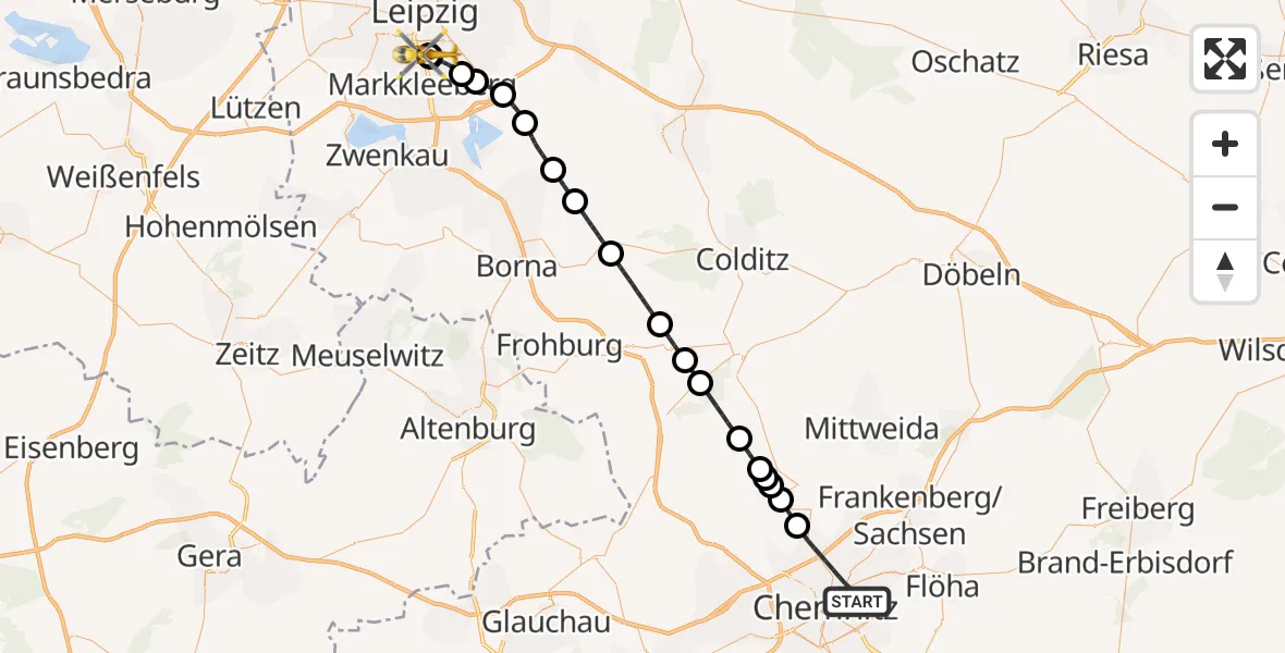 Flugroute Rettungshubschrauber Chemnitz - Sankt Elisabeth Hospital Leipzig, 21 April 2026, 14:48